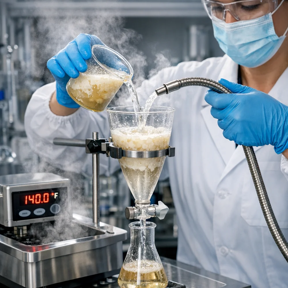 Laboratory photograph of 'Hot-Water Extraction' for lipids. shows a technician using 140F (60C) water to emulsify and rinse away melted cocoa butter. High-tech medical photography, professional lighting, 8k.