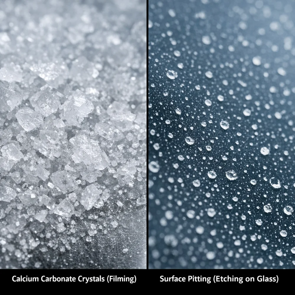 Macro comparison of calcium carbonate crystals (filming) vs microscopic surface pitting (etching) on a glass surface. Side-by-side scientific visualization, 8k resolution.