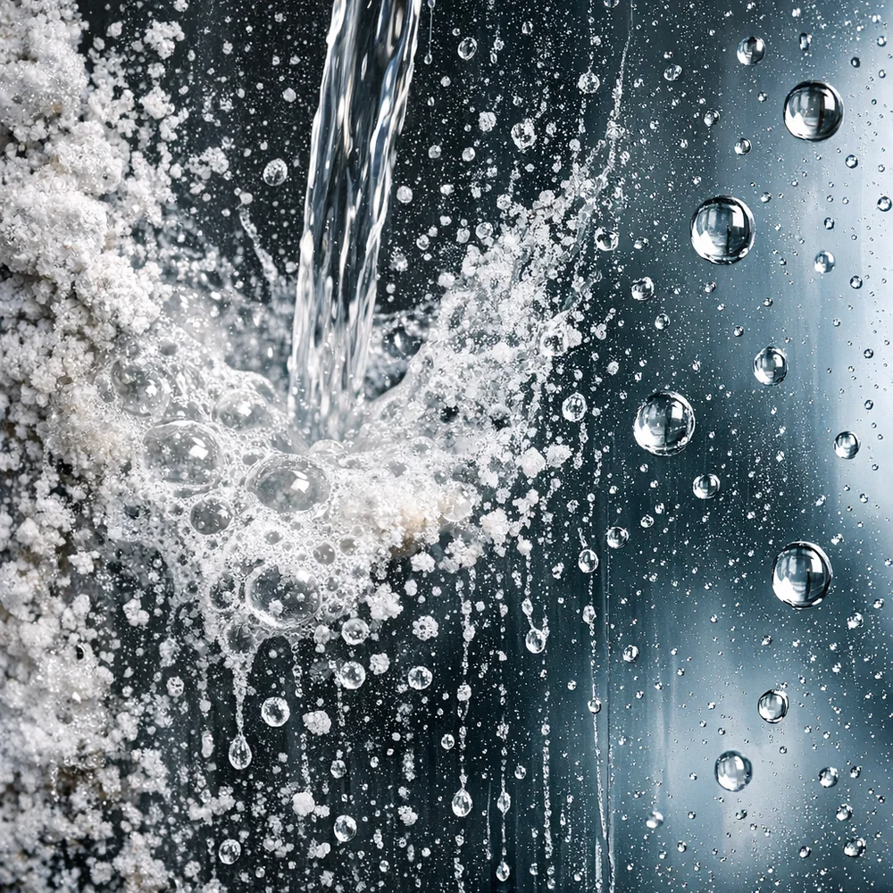 Close-up of a glass surface being treated with white vinegar, showing mineral deposits dissolving and revealing crystal clarity. High-speed scientific photography, sharp focus.