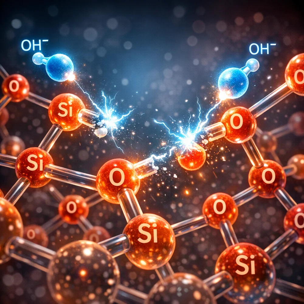 Microscopic view of silicate network dissolution: hydroxide ions attacking the molecular bonds of glass. Medical animation style, glowing atoms, dark technical background.