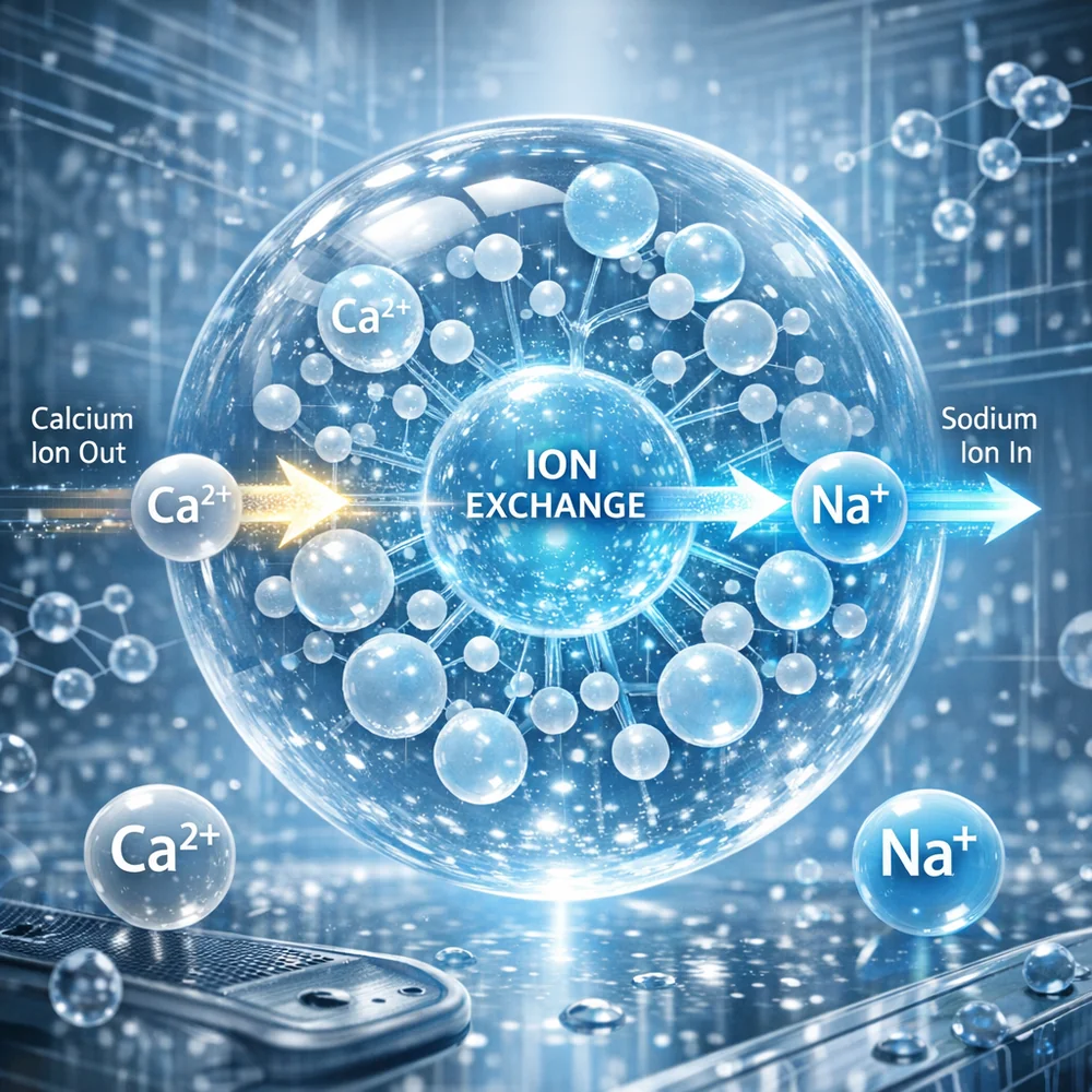 A 3D render of an ion-exchange resin bead in a dishwasher softener, 'swapping' a calcium ion for a sodium ion. High-tech scientific rendering, clinical blue aesthetic.
