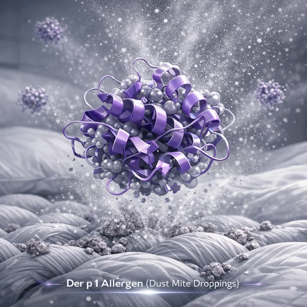 Scientific 3D model of 'Der p 1' allergen (dust mite droppings) in bedding. Shows the protein structure and its aerosolization capability. High-tech medical visualization, clinical grey and violet hues.