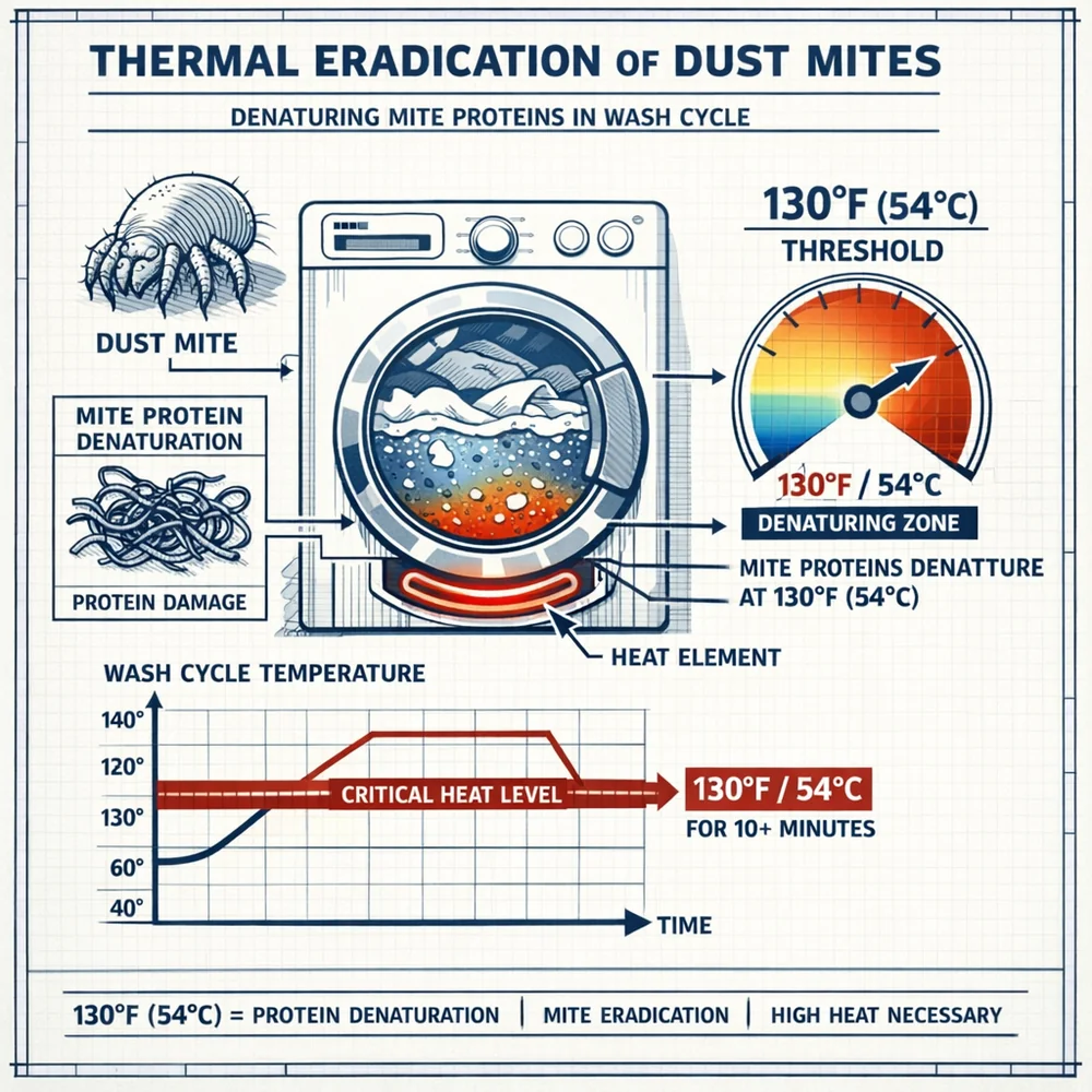 Technical diagram of 'Thermal Eradication' for dust mites. Illustrates the 130F (54C) threshold required to denature mite proteins in a wash cycle. Engineering schematic style, thermal heat maps, authoritative tone.