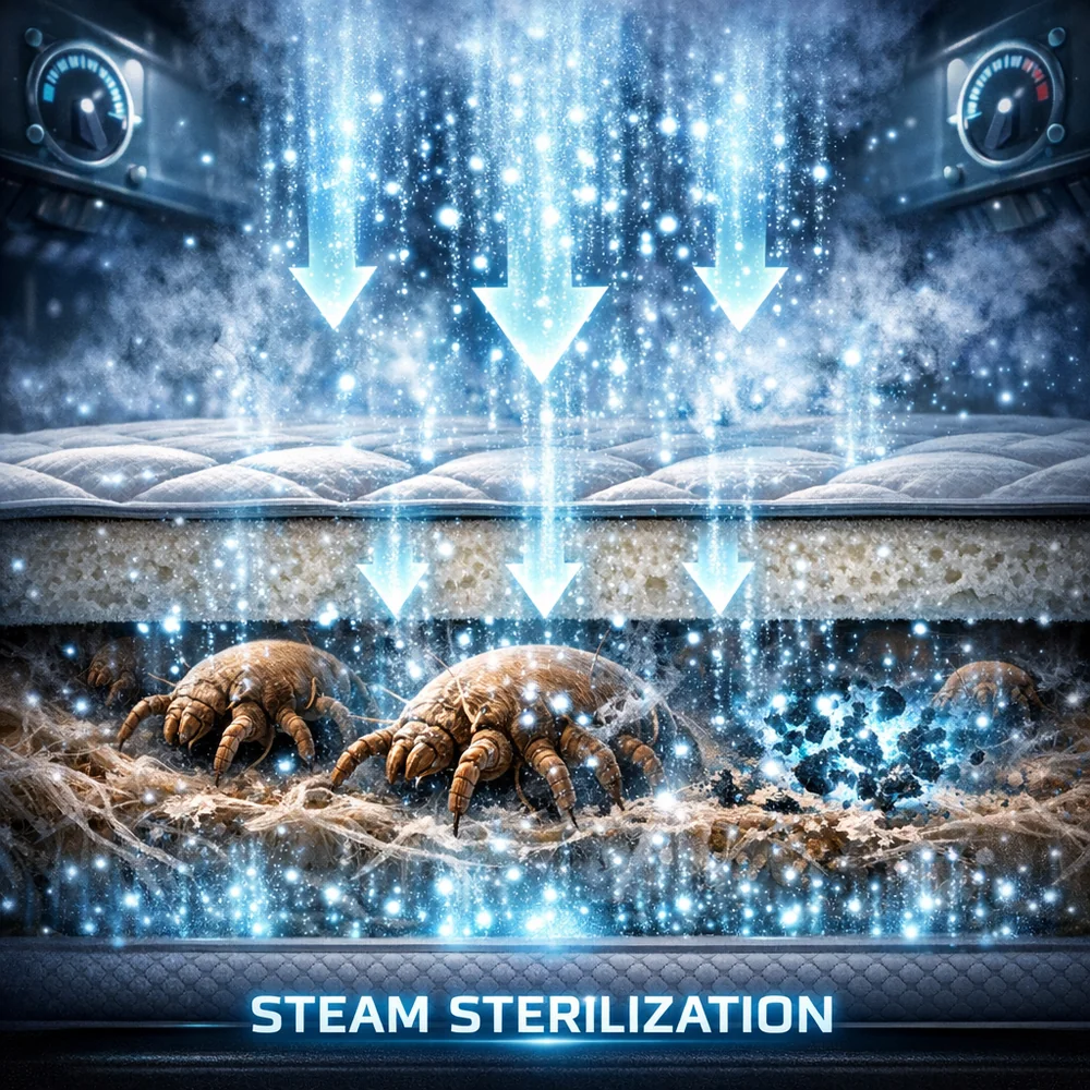 Visual representation of 'Steam Sterilization'. shows pressurized steam molecules penetrating a mattress topper to kill deep-set mite colonies. technical optics visualization, glowing vapor particles, 4k.