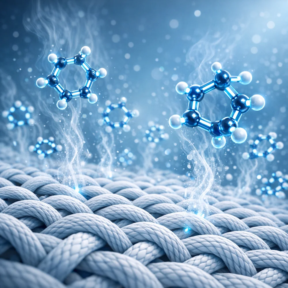 Molecular visualization of 'Hydrocarbon Aromatics' (Benzene and Toluene). shows the volatile molecules oscillating and escaping from a fabric mesh. High-tech scientific rendering, glowing chemical bonds, clinical blue aesthetic, 8k.