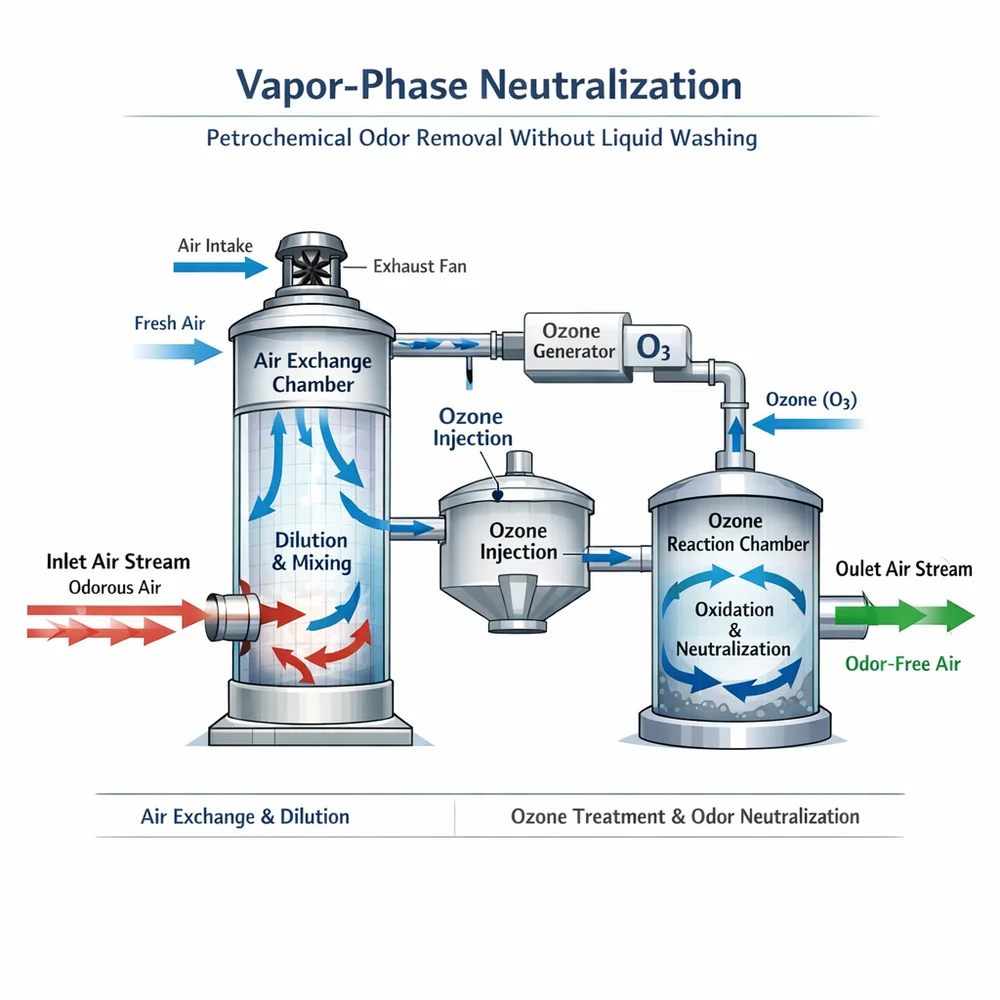 Technical diagram of 'Vapor-Phase Neutralization'. illustrates how air exchange and ozone treatment remove petrochemical odors without liquid washing. Engineering schematic, airflow vectors, clinical white background.