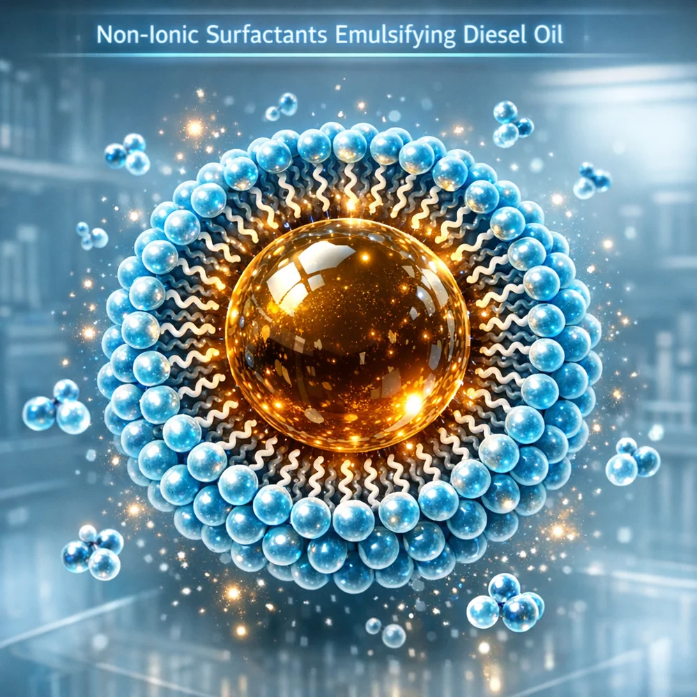 Molecular representation of 'Non-ionic Surfactants' emulsifying diesel oil. shows the micelle structure surrounding a large oil droplet. High-tech medical animation style, glowing oxidative particles, clean lab aesthetic.