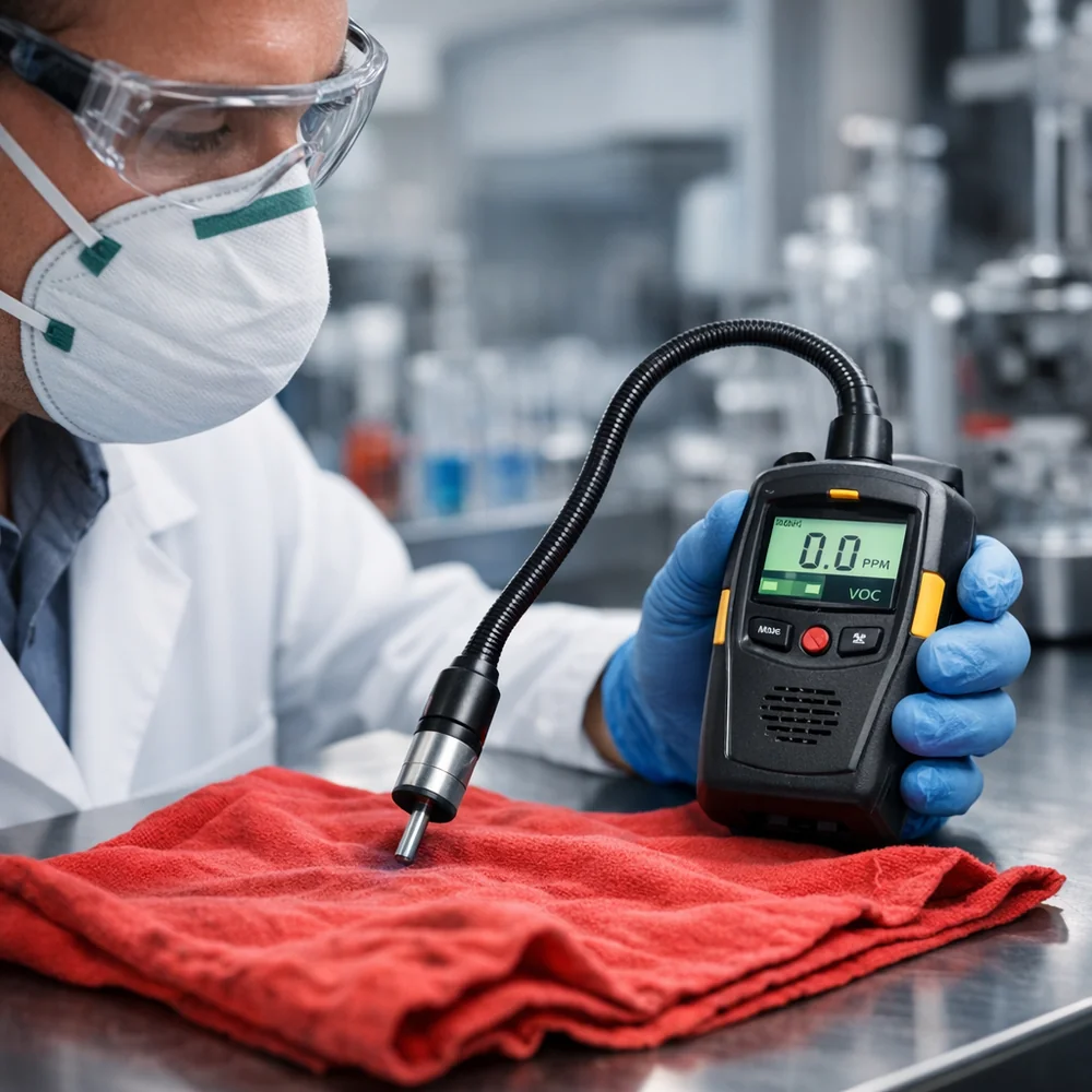 Laboratory photograph of 'Safety Inspection' for flammable residues. shows a technician using a specialized gas sniffer on a freshly laundered shop rag. High-tech medical photography, professional lighting, photorealistic 8k.