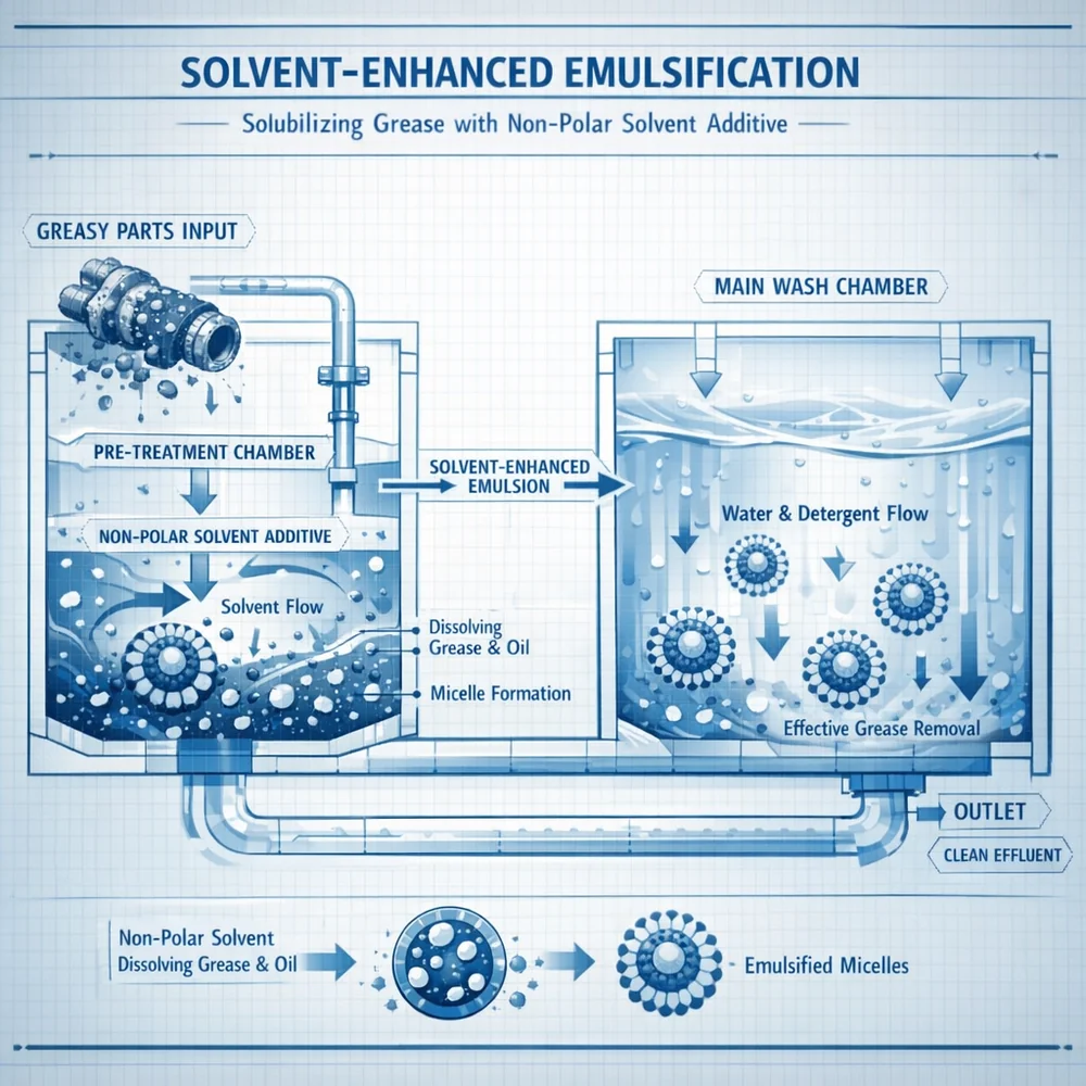 Technical diagram of 'Solvent-Enhanced Emulsification'. illustrates how a non-polar solvent additive solubilizes mechanic's grease before it reaches the main wash. Engineering schematic, fluid dynamics, clinical blue aesthetic.