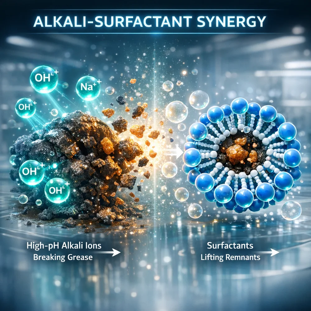 Molecular representation of 'Alkali-Surfactant Synergy'. shows high-pH alkali ions breaking down grease while surfactants lift the remnants. High-tech medical animation style, glowing chemical particles, clean lab aesthetic.