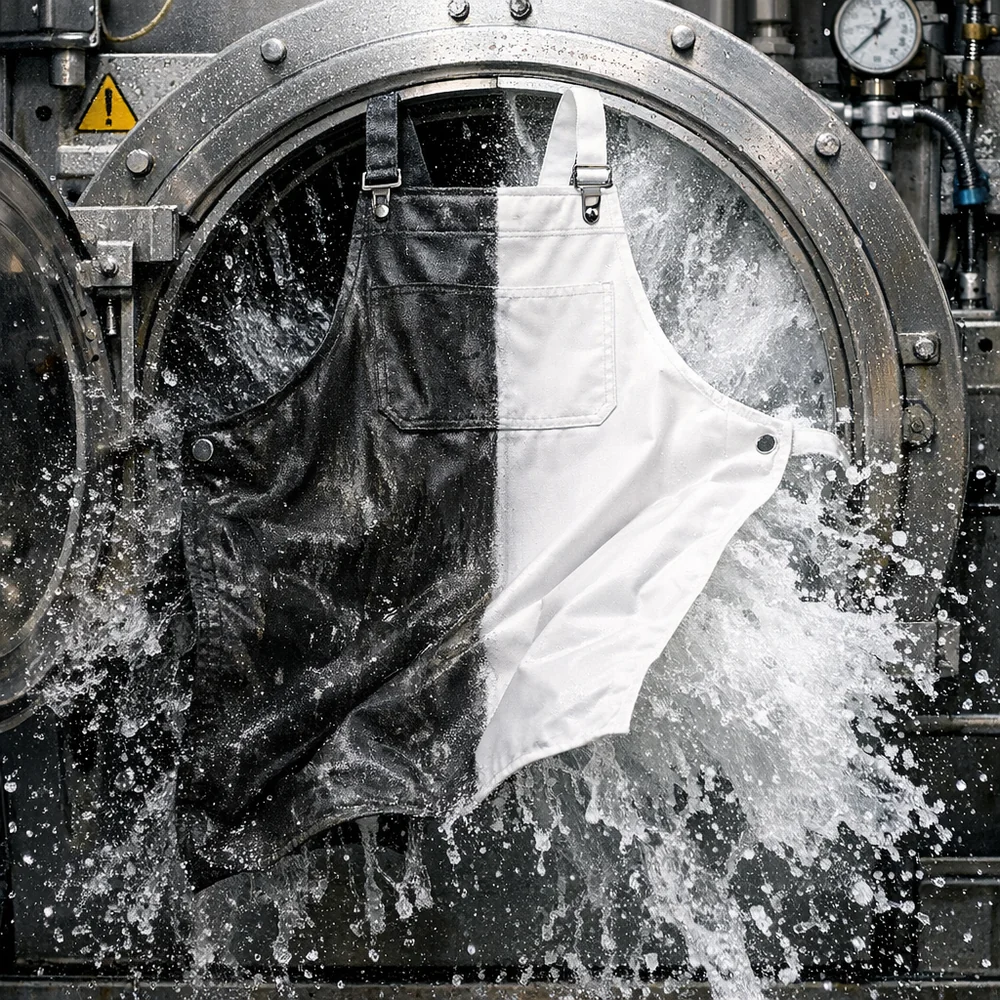 Laboratory photograph of 'Industrial-Strength Extraction'. shows a mechanic's apron being restored from black to white using an industrial batch washer. High-speed scientific capture, professional lighting, photorealistic.