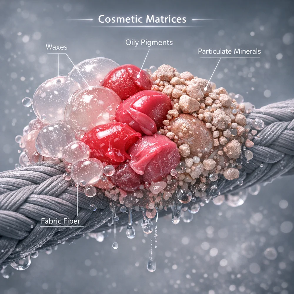 Scientific 3D model of 'Cosmetic Matrices'. shows a mixture of waxes, oily pigments (lipsticks), and particulate minerals (foundation) on a fabric fiber. High-tech medical visualization, clinical grey and pink hues, 8k.