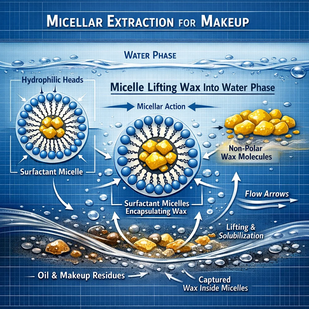 Technical diagram of 'Micellar Extraction' for makeup. illustrates how surfactant micelles surround and lift non-polar wax molecules into the water phase. Engineering schematic, fluid dynamics, clinical blue background.