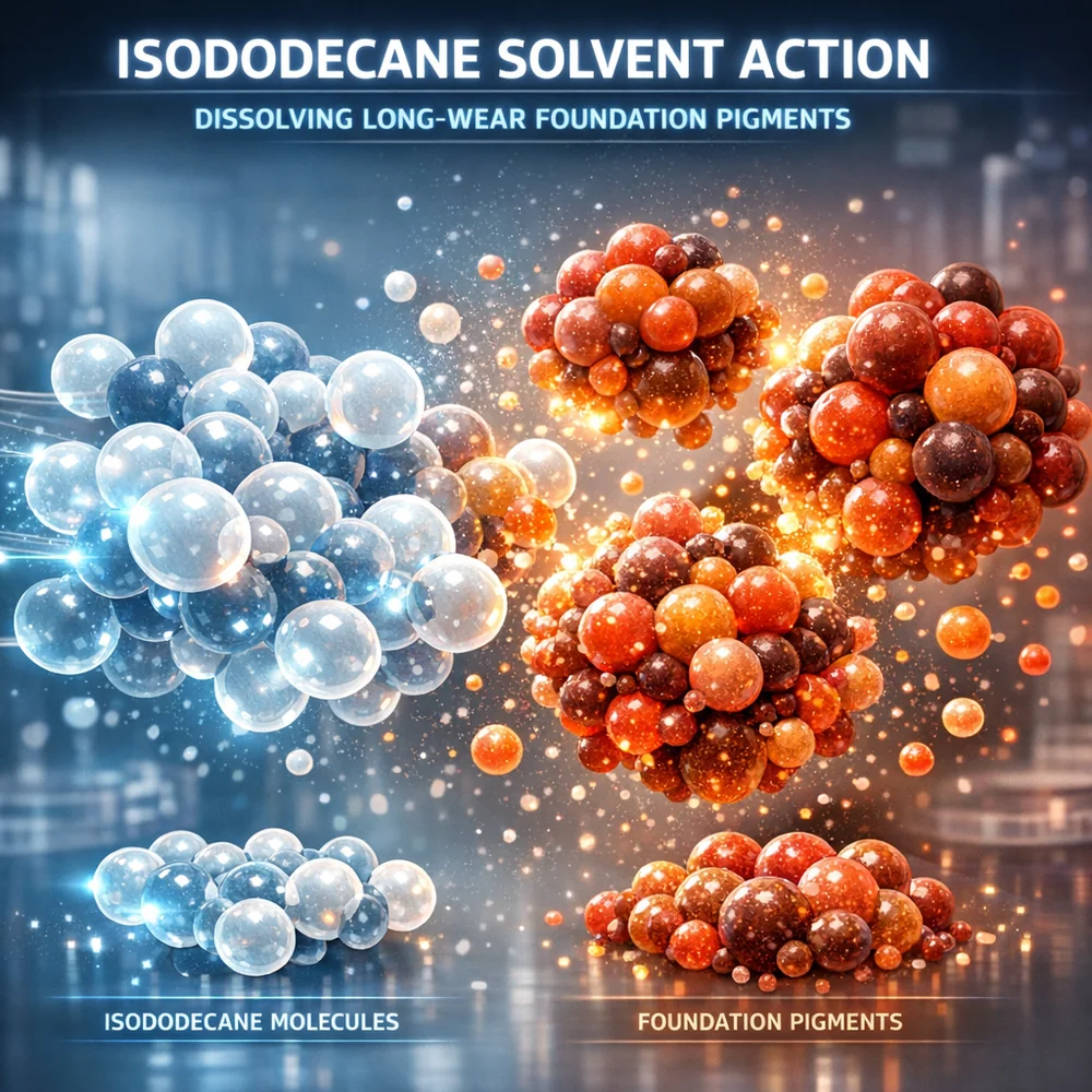 Molecular representation of 'Isododecane Solvent Action'. shows the non-polar solvent dissolving long-wear foundation pigments. High-tech medical animation style, glowing chemical particles, clean lab aesthetic.