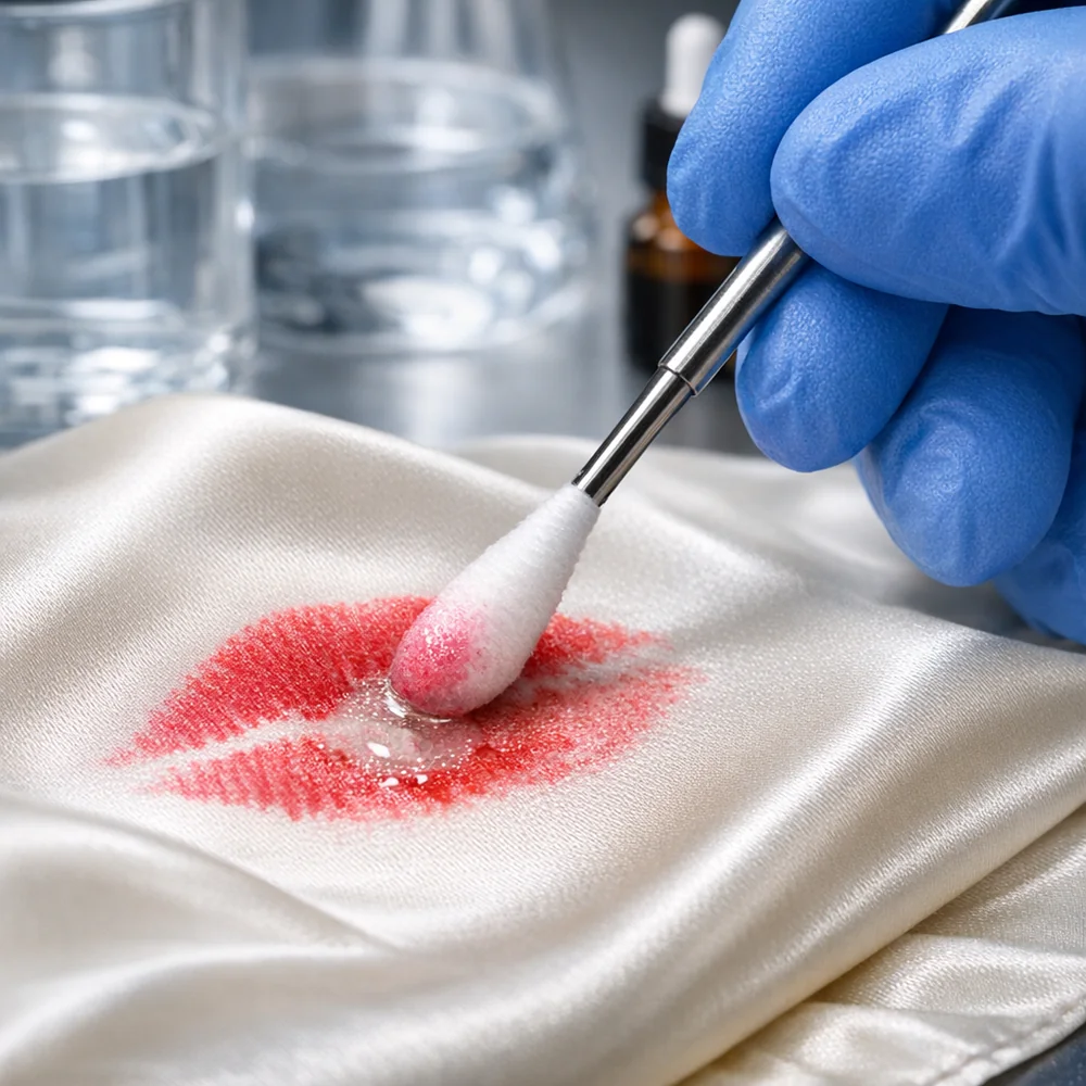 Laboratory photograph of 'Pigment Dissolution'. shows a lipstick stain on silk being precisely removed with a targeted solvent swab. High-tech medical photography, professional lighting, photorealistic 8k.