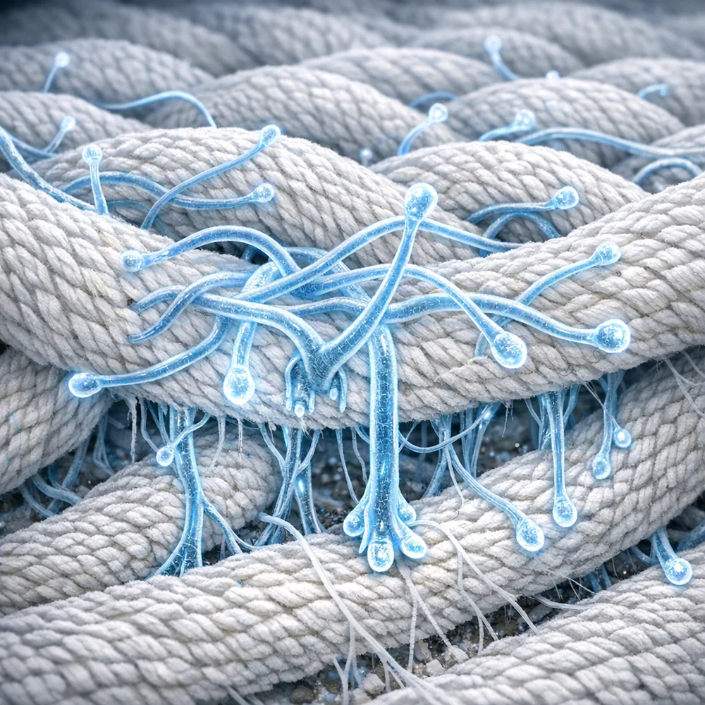 Scientific illustration of 'Hyphae Penetration'. shows fungal threads (mycelium) weaving deep into the fibers of a cotton towel. High-tech biological rendering, clinical lighting, sharp focus, 8k.