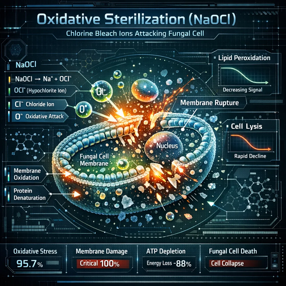 Technical diagram of 'Oxidative Sterilization' (NaOCl). illustrates how chlorine bleach ions attack and rupture fungal cell membranes. Engineering schematic, data-driven visualization, high-tech interface.