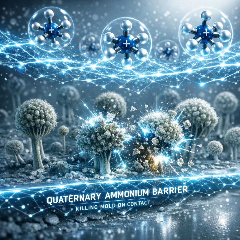 Molecular visualization of 'Quaternary Ammonium' germicides (Quats) forming a protective barrier that kills mold on contact. High-tech medical animation style, clinical grey and blue, 4k.