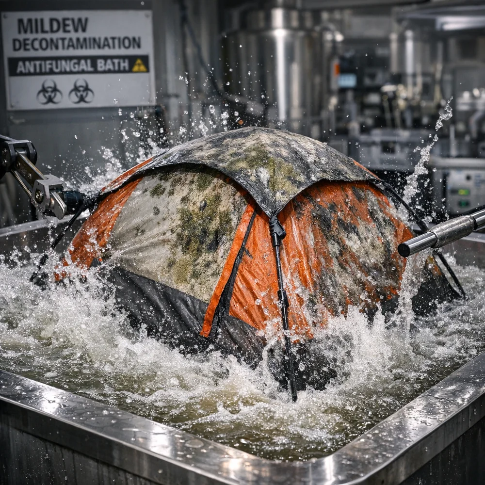 Laboratory photograph of 'Mildew Decontamination' for gear. shows a mold-spotted tent being treated in a specialized antifungal bath. High-speed scientific capture, professional lighting, photorealistic.