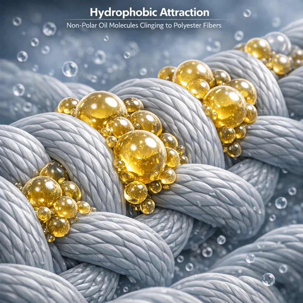 Scientific 3D model of 'Hydrophobic Attraction'. shows non-polar oil molecules (lipids) clinging to synthetic polyester fibers. High-tech medical visualization, clinical grey and blue hues, 8k.