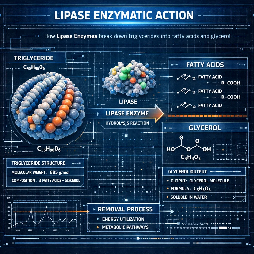 Technical diagram of 'Lipase Enzymatic Action'. illustrates how lipase enzymes break down triglycerides into fatty acids and glycerol for removal. Engineering schematic, data-driven visualization, high-tech interface.