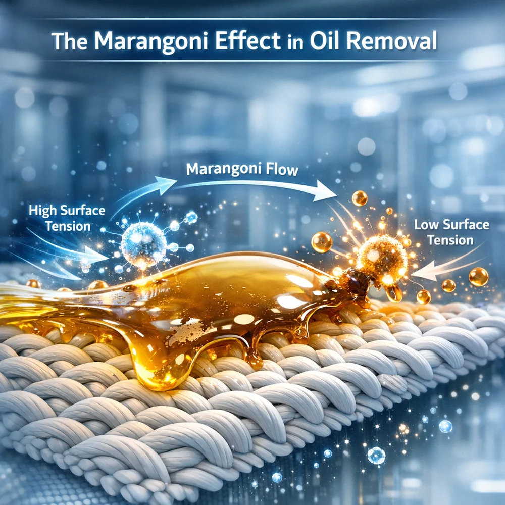 Molecular representation of 'The Marangoni Effect' in oil removal. shows liquid surface tension gradients pulling oil away from the fabric. High-tech medical animation style, glowing oxidative particles, clean lab aesthetic.