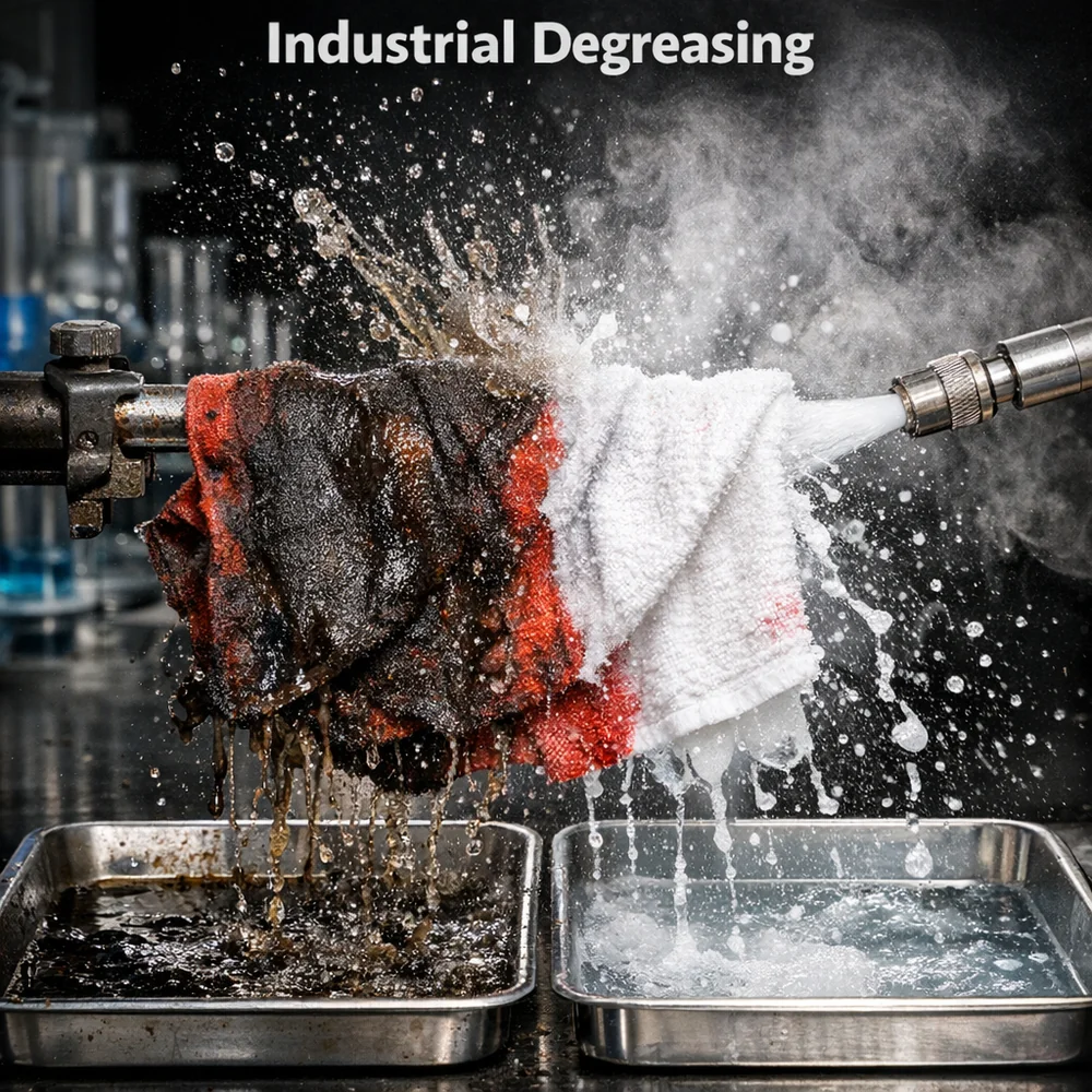 Laboratory photograph of 'Industrial Degreasing'. shows a greasy workstation rag being restored to pristine condition using high-alkali cleaner. High-speed scientific capture, professional lighting, photorealistic.