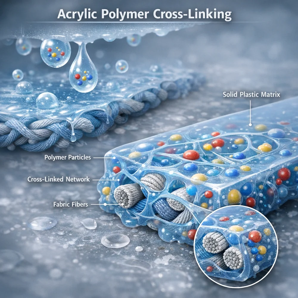 Scientific 3D model of 'Acrylic Polymer Cross-linking'. shows latex paint drying into a solid plastic matrix that encapsulates fabric fibers. High-tech medical visualization, clinical grey and colorful hues, 8k.