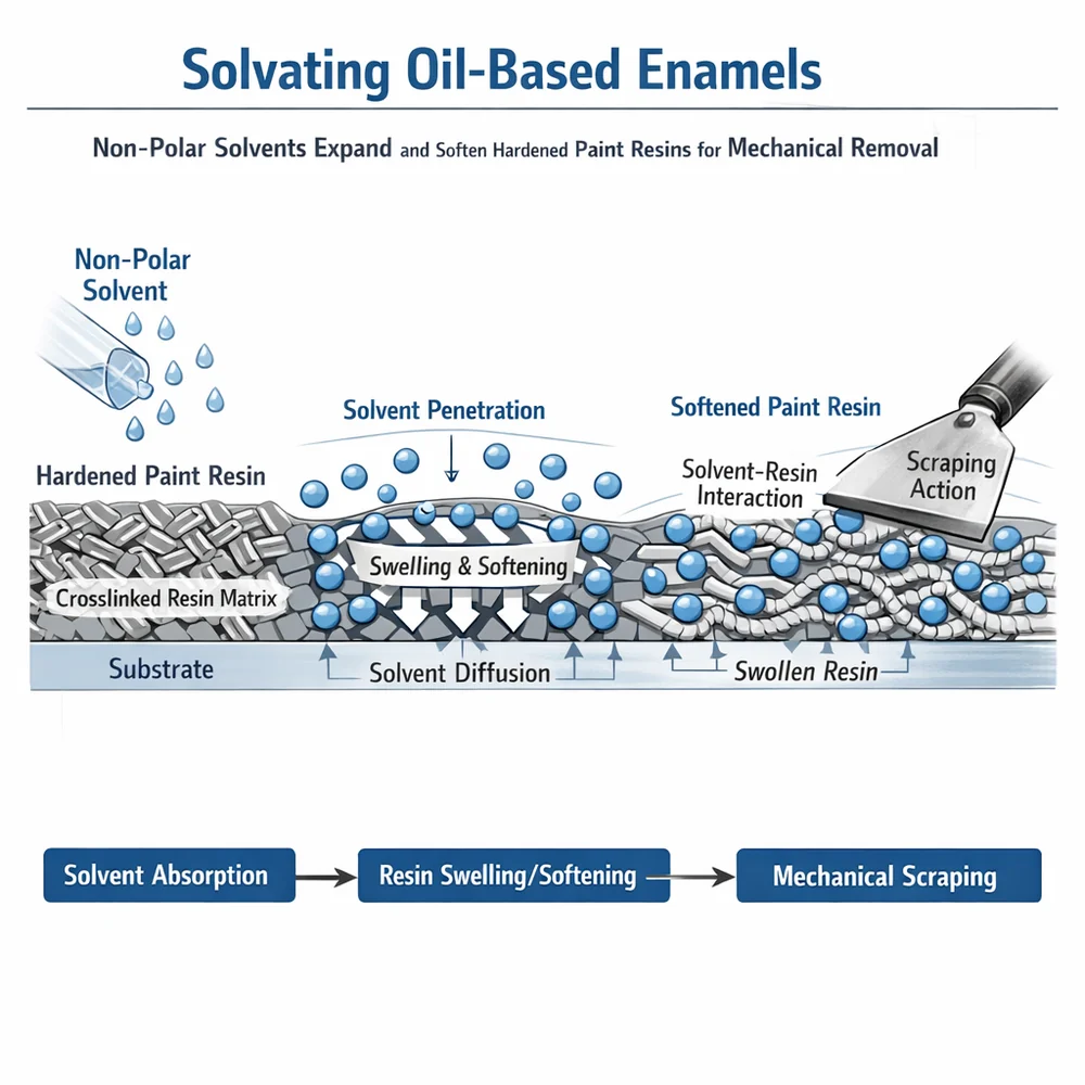 Technical diagram of 'Solvating Oil-Based Enamels'. illustrates how non-polar solvents expand and soften hardened paint resins for mechanical removal. Engineering schematic, fluid dynamics, clinical white background.