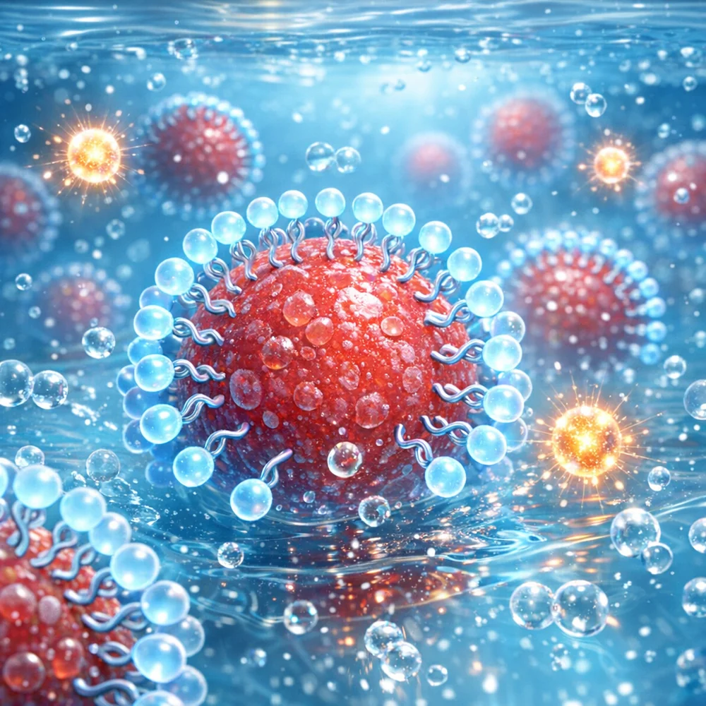 Molecular visualization of 'Aqueous Emulsification' for wet latex paint. shows surfactants lifting acrylic particles into the liquid phase. High-tech medical animation style, glowing oxidative particles, clean lab aesthetic.