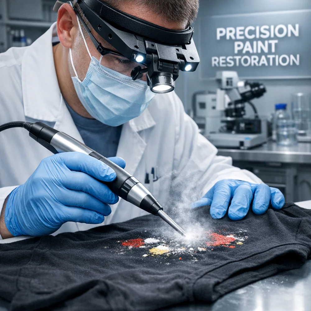 Laboratory photograph of 'Precision Paint Restoration'. shows a technician using a specialized sonic wand to loosen dried paint from a garment. High-tech medical photography, professional lighting, photorealistic 8k.