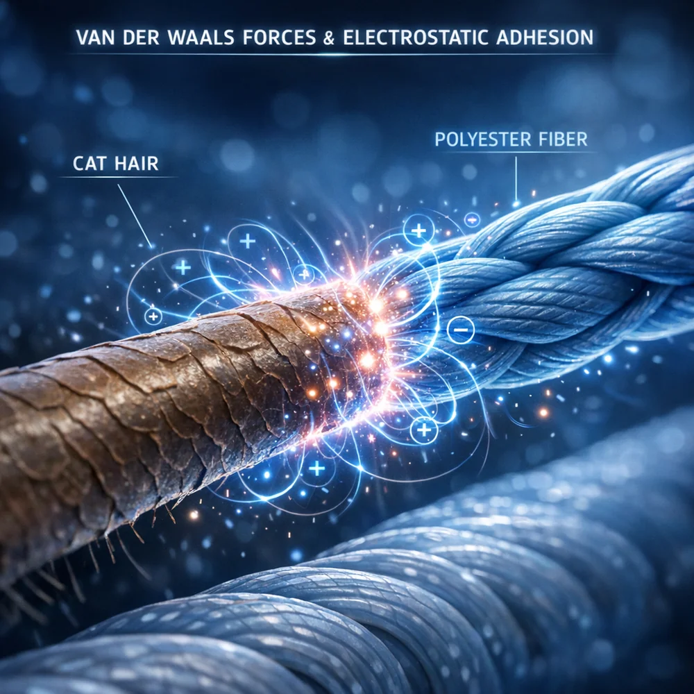 Microscopic visualization of 'Van der Waals' forces and 'Electrostatic Adhesion' between a cat hair and a polyester fiber. Glowing electrical charge fields are shown locking the hair in place. High-tech medical animation style, scientific focus, 8k.