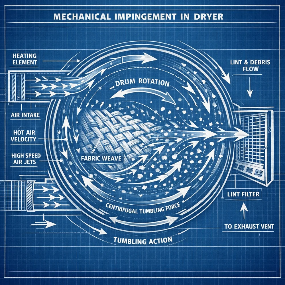 Technical diagram of 'Mechanical Impingement' in a dryer. Shows how air velocity and centrifugal tumbling force hairs through the fabric weave and toward the lint filter. Engineering blueprint style with airflow vectors, clean lab aesthetic.