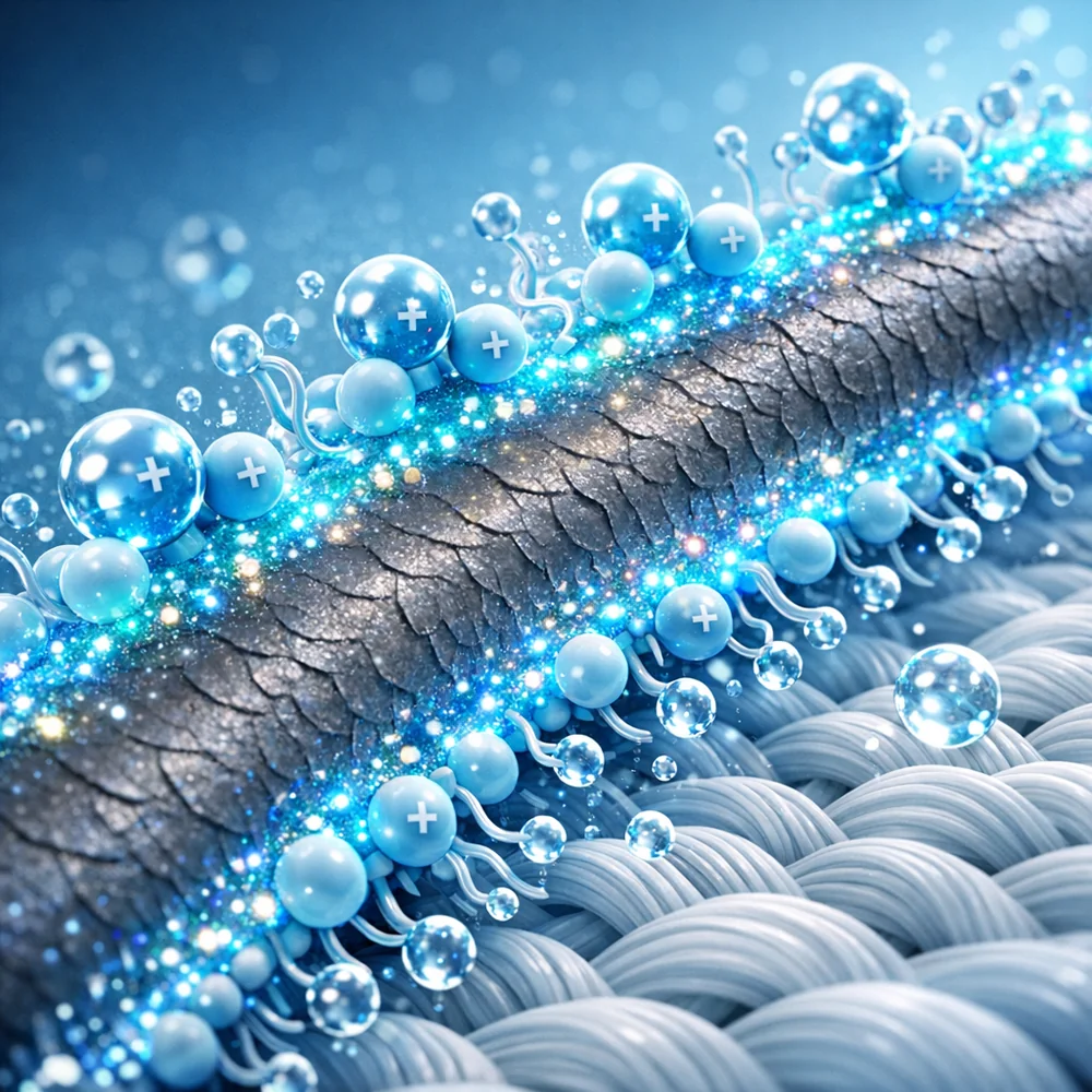 Molecular view of fabric softener (cationic surfactants) lubricating a pet hair. The coating reduces the coefficient of friction, allowing the hair to slide out of the fabric matrix during the spin cycle. Shimmering molecular layer, high-tech render, clinical blue.