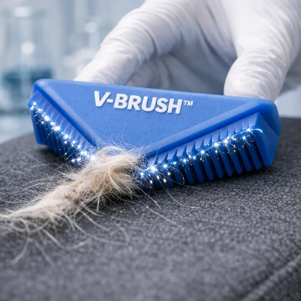 Laboratory photograph of a 'V-Brush' silicone tool being used to remove dog hair from an upholstery fabric. Visible static charge release (tiny glowing sparks) and the mechanical capture of hairs. Sharp focus, high-speed photography, sterile lab background.