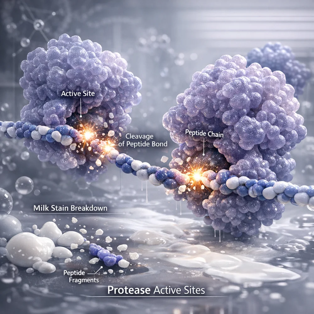 Scientific 3D model of 'Protease Active Sites'. shows enzyme molecules docking with and cleaving peptide bonds in a milk stain. High-tech medical visualization, clinical grey and purple hues, 8k.