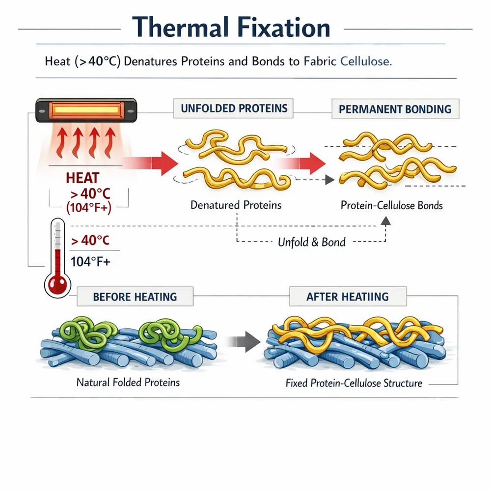 Technical diagram of 'Thermal Fixation'. illustrates how heat (>40C) denatures proteins, causing them to unfold and permanently bond to fabric cellulose. Engineering schematic, thermal markers, clinical white background.