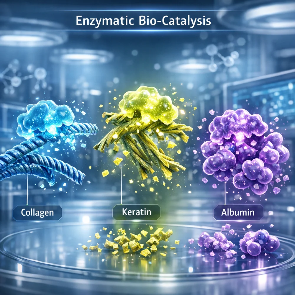 Molecular representation of 'Enzymatic Bio-Catalysis'. shows multiple protease variants attacking different protein types (collagen, keratin, albumin) simultaneously. High-tech medical animation style, glowing enzymes, clean lab aesthetic.