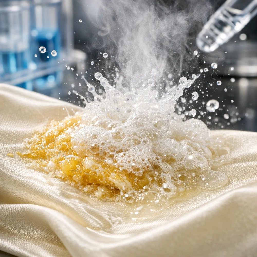 Laboratory photograph of 'Rapid Protein Disruption'. shows a difficult egg stain on silk being safely digested by a specialized neutral-pH enzyme. High-speed scientific capture, professional lighting, photorealistic.