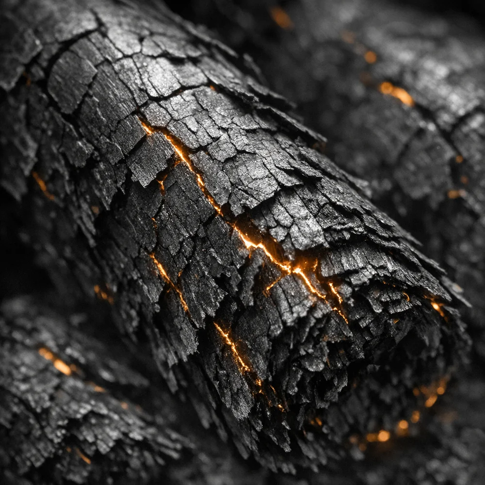 Microscopic view of 'Carbonized Fibers'. shows the surface of a cotton fiber that has been thermally degraded and turned into brown/black carbon char. Scientific monochrome aesthetic with burnt amber highlights, 8k resolution.