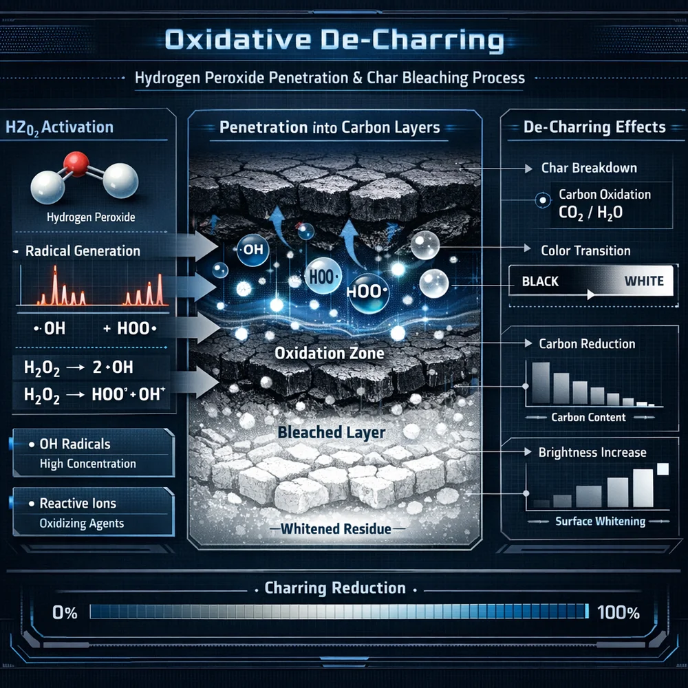 Technical diagram of 'Oxidative De-Charring'. illustrates how hydrogen peroxide (H2O2) ions penetrate carbon layers and bleach the charred residues back to white. Engineering schematic, data-driven visualization, high-tech interface.