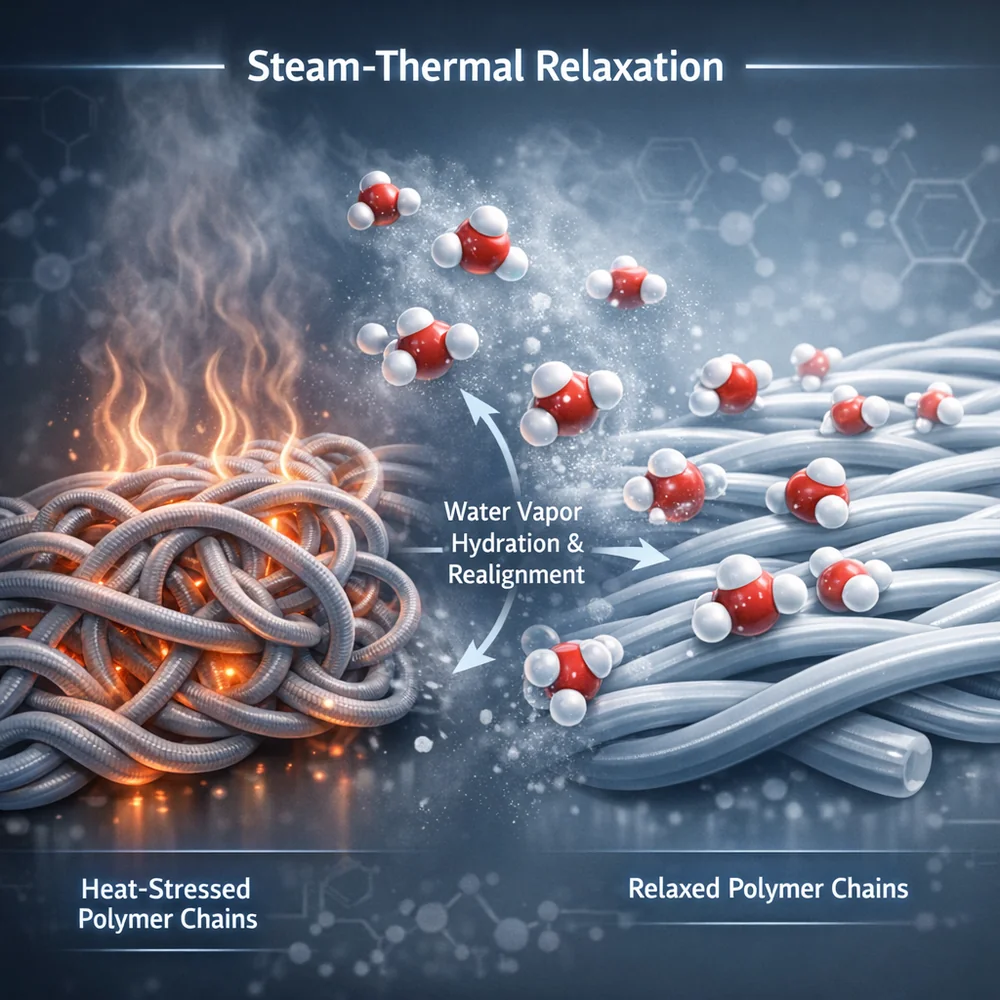 Molecular representation of 'Steam-Thermal Relaxation'. shows water vapor molecules hydrating and realigning heat-stressed polymer chains in a synthetic fabric. High-tech medical animation style, clinical grey and blue, 4k.