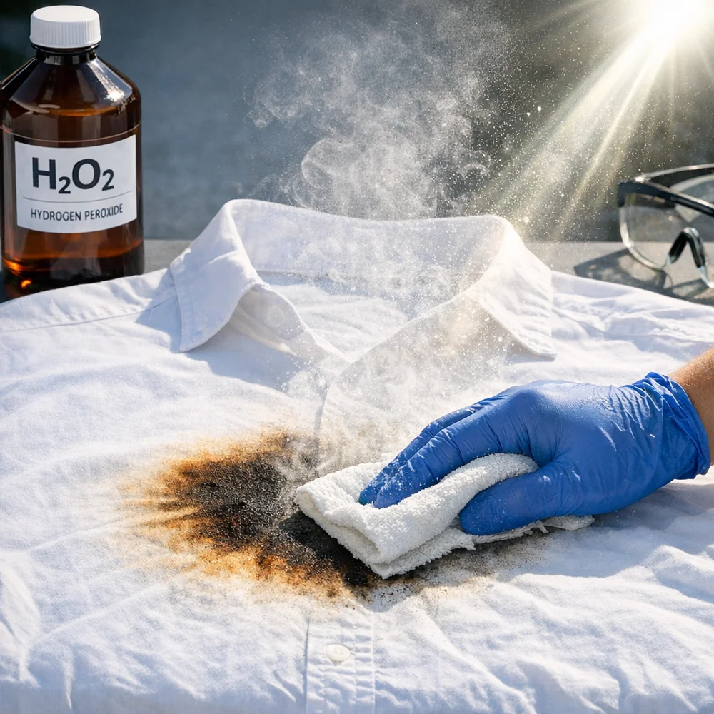 Laboratory photograph of 'Scorch Rescue' success. shows a lightly scorched white shirt being restored using an H2O2-soaked cloth and sunlight. High-speed scientific capture, sharp focus, professional lighting.