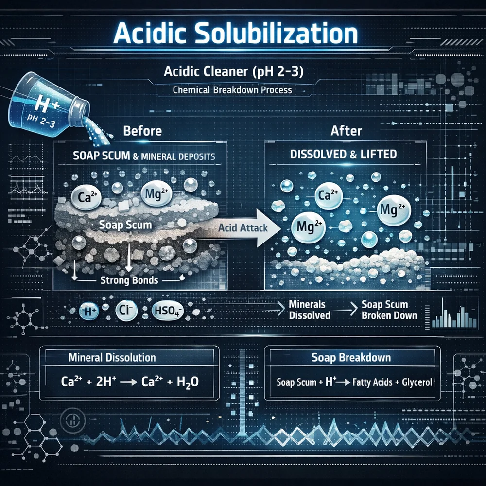 Technical diagram of 'Acidic Solubilization'. illustrates how an acidic cleaner (pH 2-3) chemically breaks the bond of soap scum and mineral deposits. Engineering schematic, data-driven visualization, high-tech interface.
