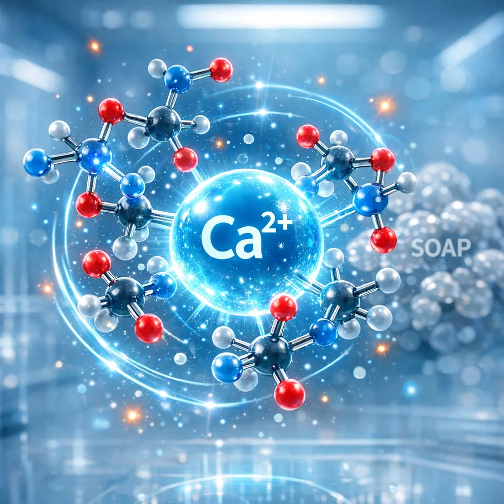 Molecular visualization of 'Chelating Agents' (EDTA/Citrates) surrounding a calcium ion to prevent it from bonding with soap. High-tech medical animation style, glowing oxidative particles, clean lab aesthetic.