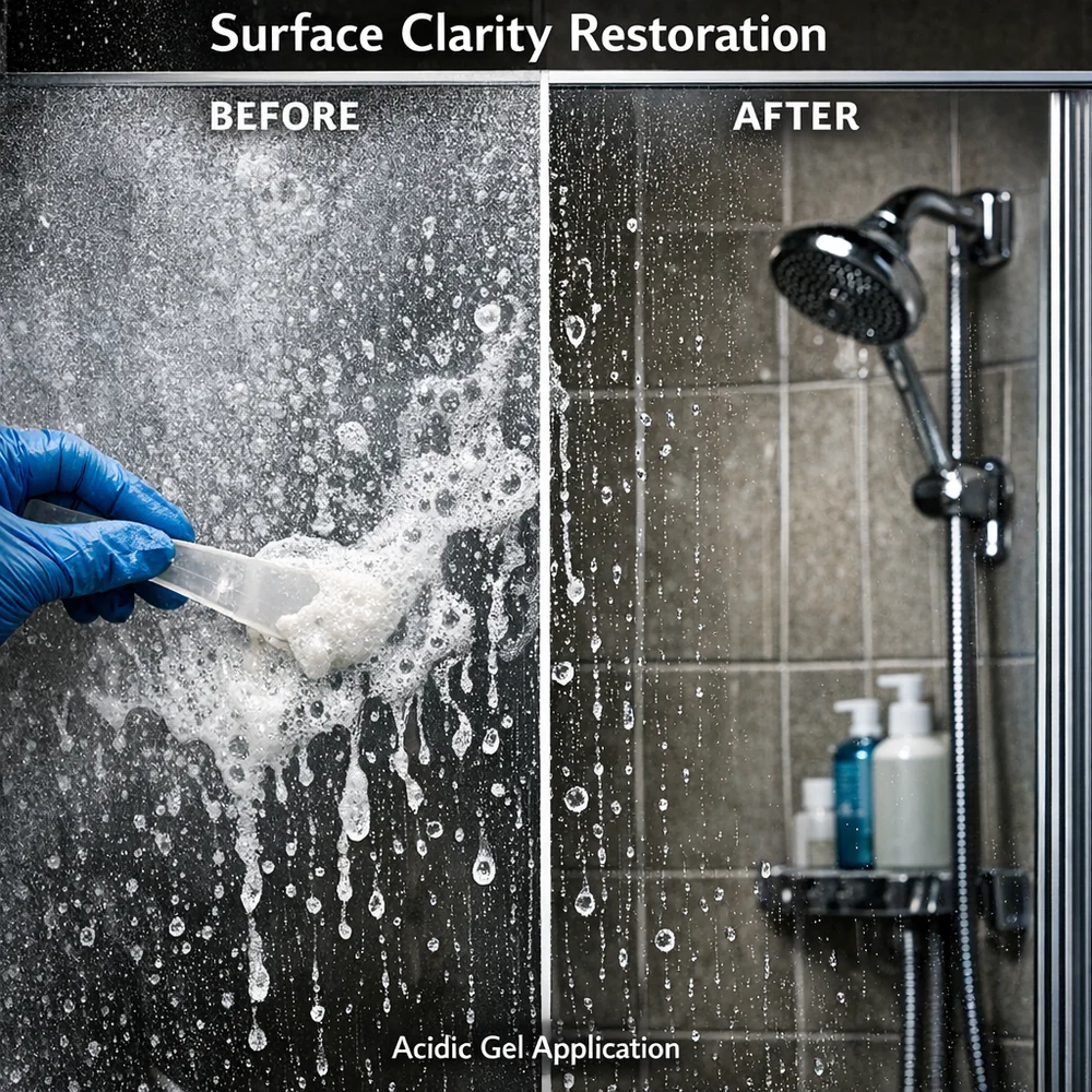 Laboratory photograph of 'Surface Clarity Restoration'. shows a glass shower door being restored from white-filmed to crystal clear using a specialized acidic gel. High-speed scientific capture, professional lighting.