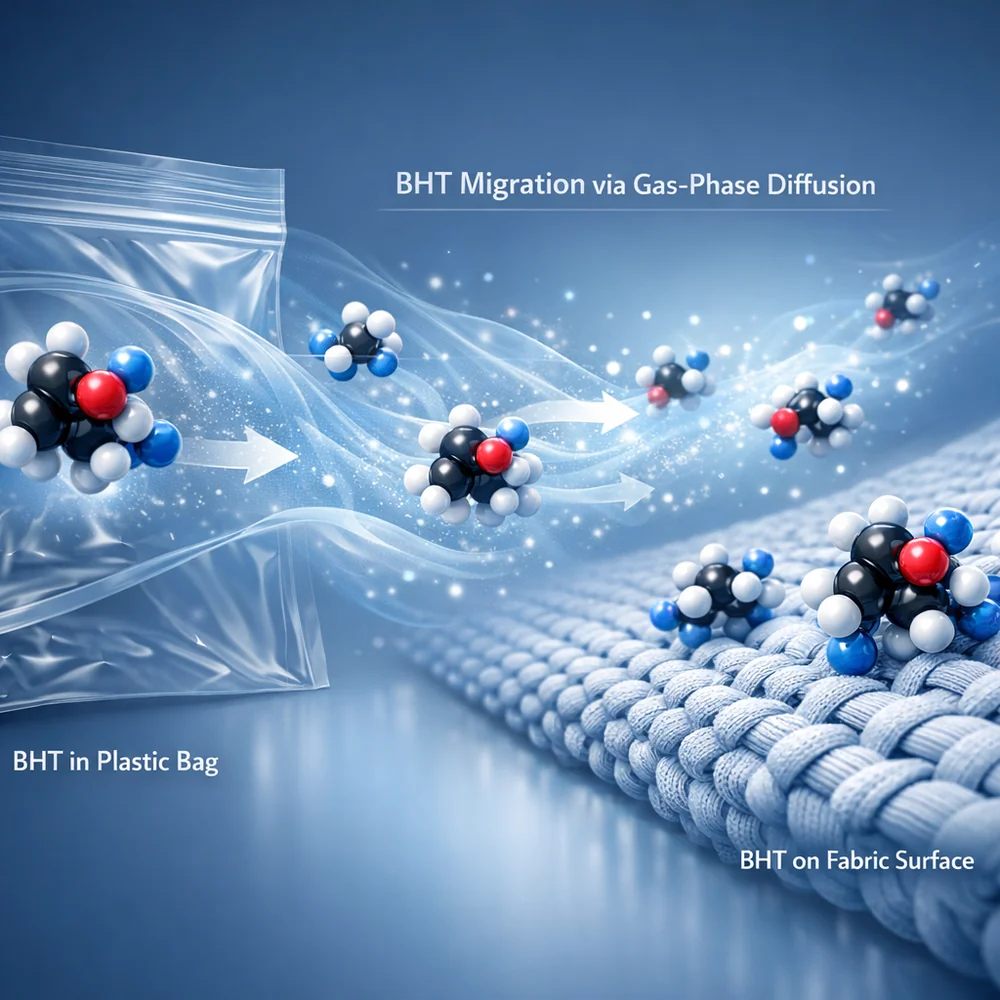 Molecular representation of BHT (Butylated Hydroxytoluene) migrating from a plastic storage bag to a fabric surface via gas-phase diffusion. High-tech scientific rendering, fluid dynamics, clinical blue aesthetic, 4k.
