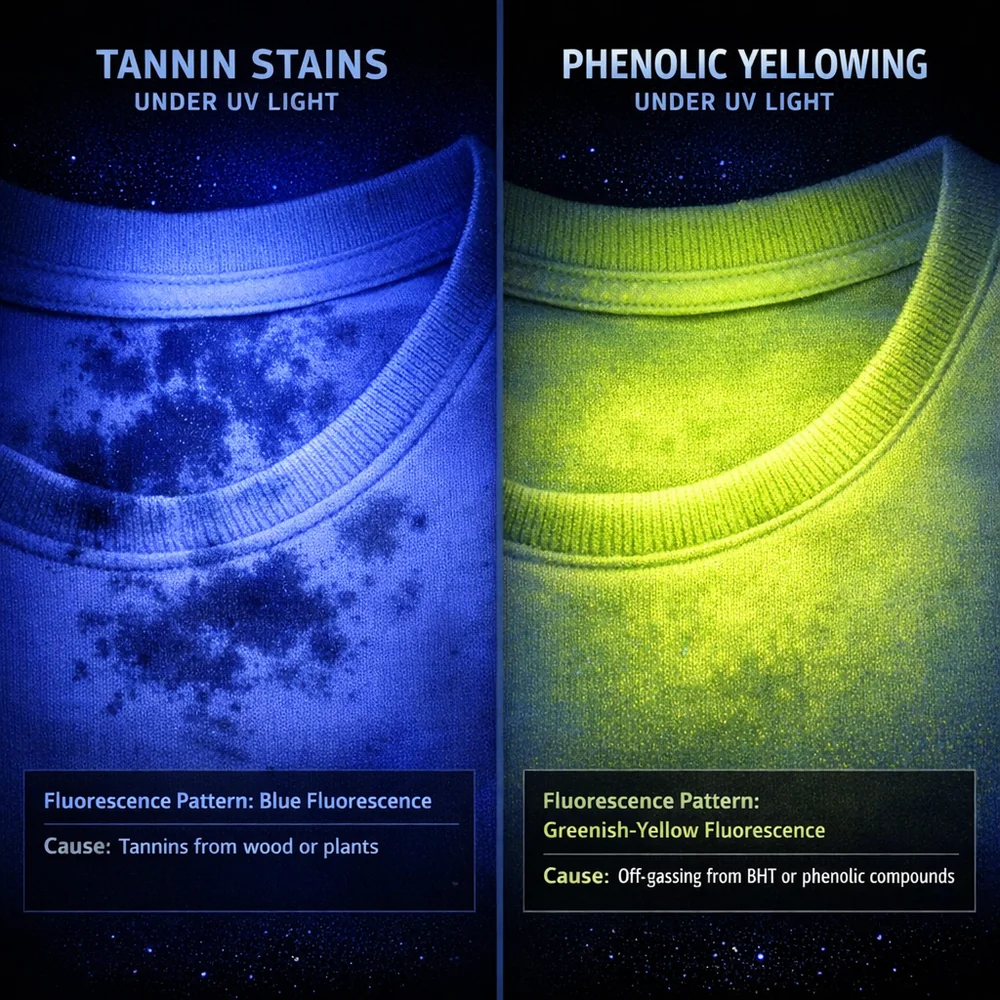 Visual comparison of 'Tannin Stains' vs 'Phenolic Yellowing' under UV light. Different fluorescence patterns revealed. Diagnostic data overlay, high-contrast scientific photography, professional lab aesthetic.