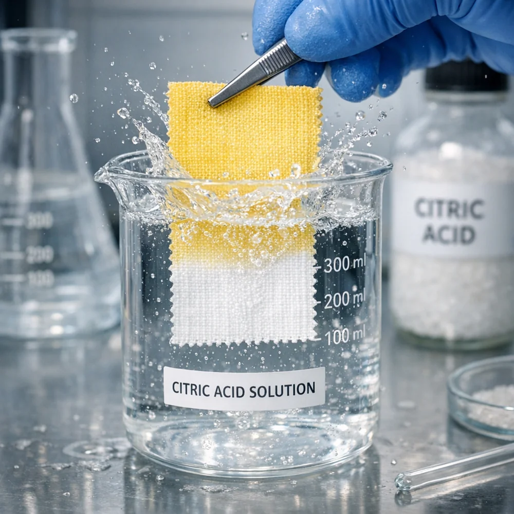 Laboratory photograph of 'Acidic Neutralization' of yellowing. shows a yellowed fabric swatch being dipped into a citric acid solution and returning to white. High-speed scientific capture, sharp focus, sterile environment.