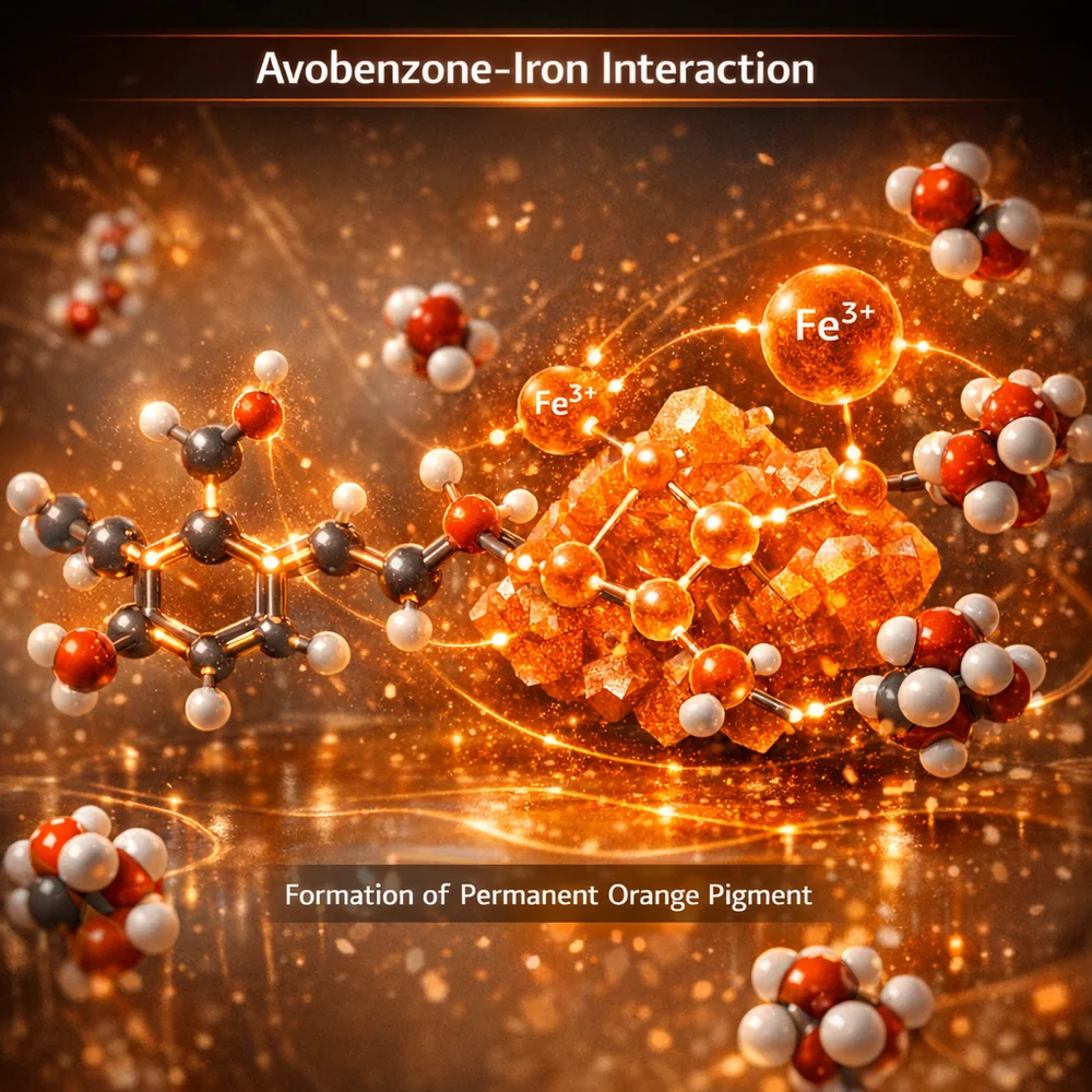 Molecular visualization of 'Avobenzone-Iron Interaction'. shows the UV filter molecule reacting with iron ions in hard water to form a permanent orange pigment. High-tech scientific rendering, glowing chemical bonds, clinical orange aesthetic, 8k.